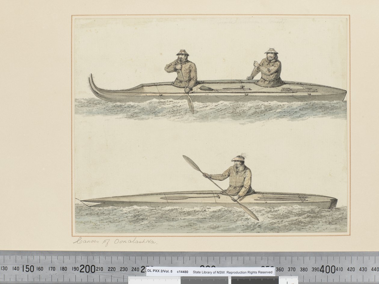 F.30 プリンス・ウィリアムズ・サウンドのオナラシュカのカヌー（1773-84年頃）（水彩画 作： ジョン・ウェバー