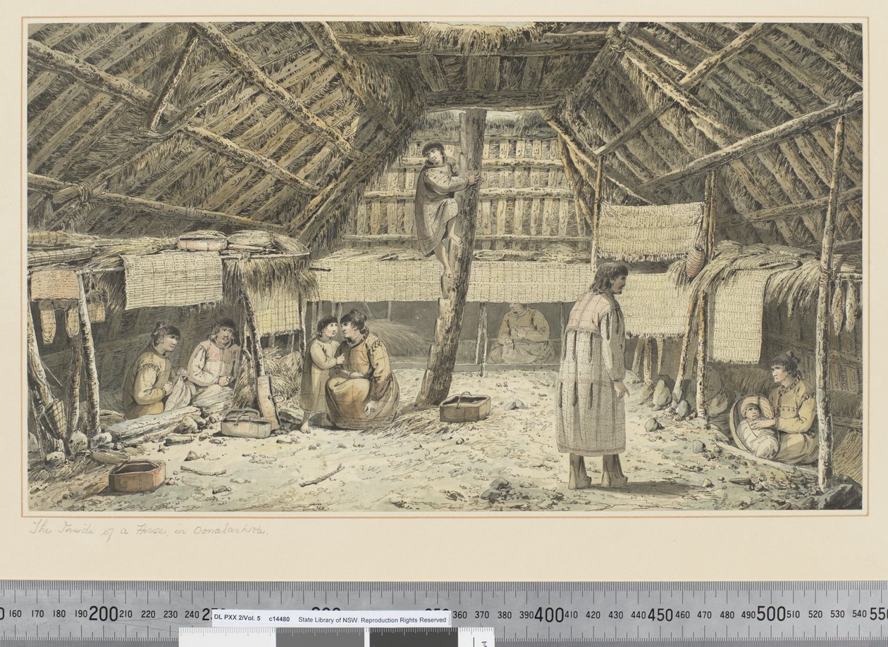 F.34 「オナラシカの家の中」 1773-84年頃 （水彩画 作： ジョン・ウェバー