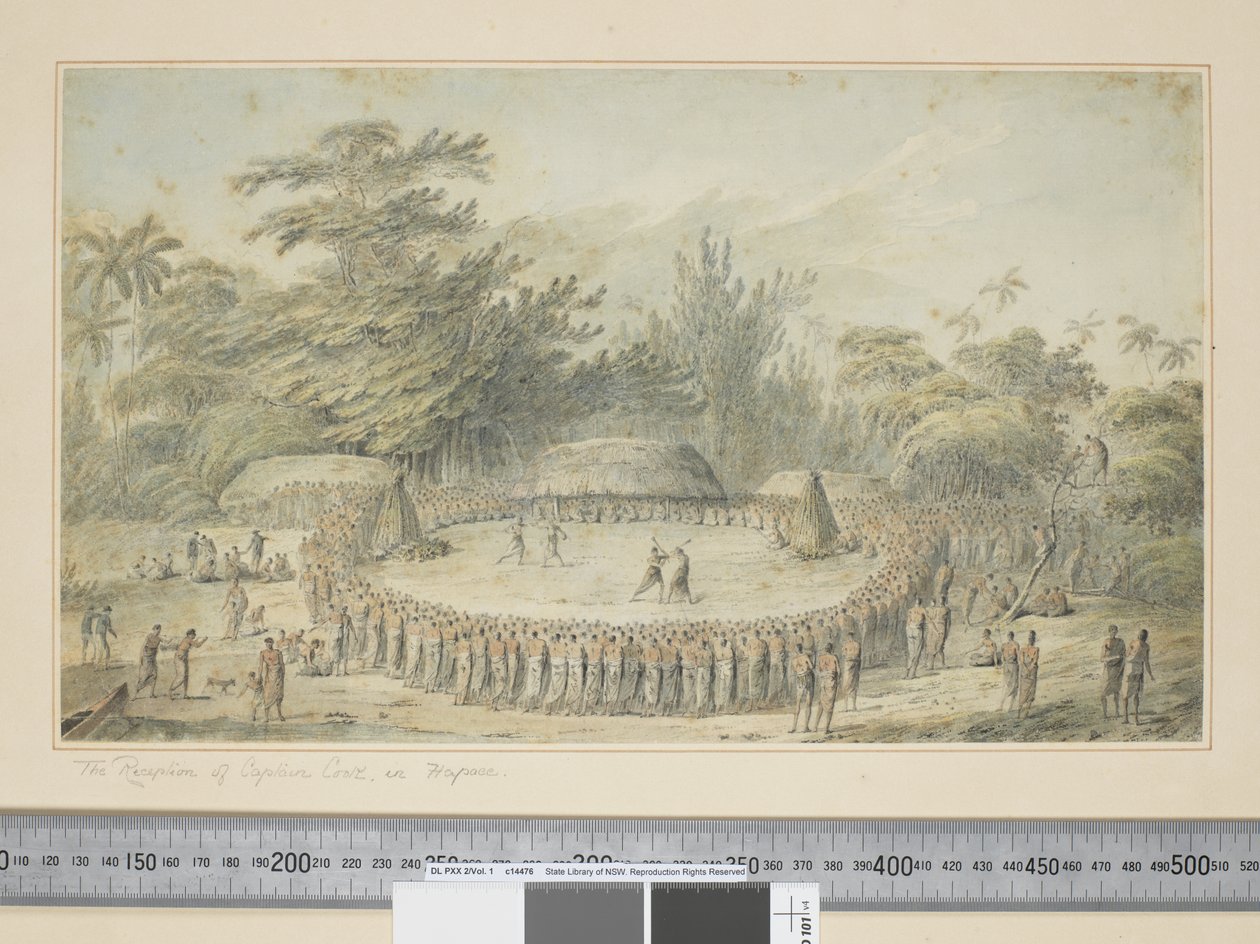 F.4 キャプテン・クックのハパエでの歓迎会、1773-84年頃（水彩画と版画 作： ジョン・ウェバー