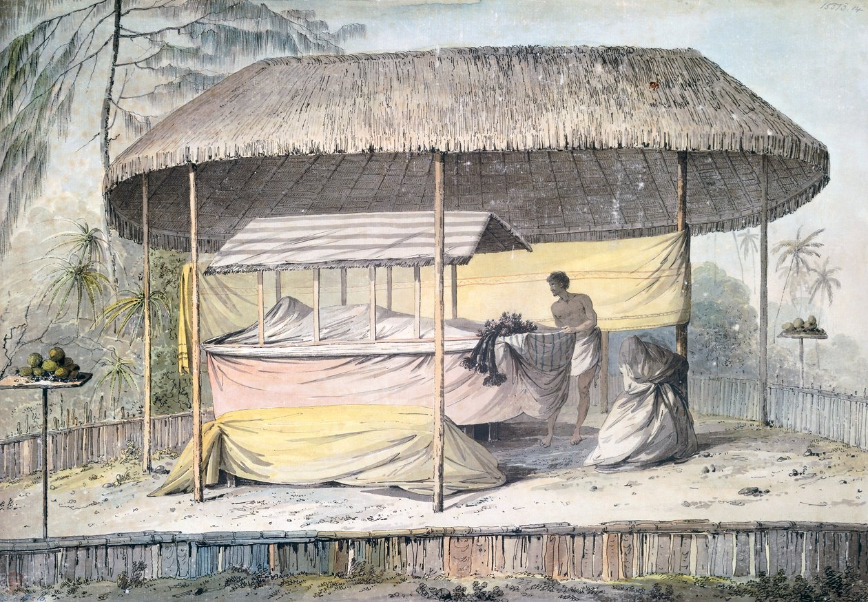 タヒチ、ソサエティ諸島、天蓋の下の故人との葬儀、ジョン・ウェバー（1750-1793）による水彩画（キャプテン・ジェームズ・クックの最後の航海（1776-1779）の記述より）、ポリネシア 作： ジョン・ウェバー
