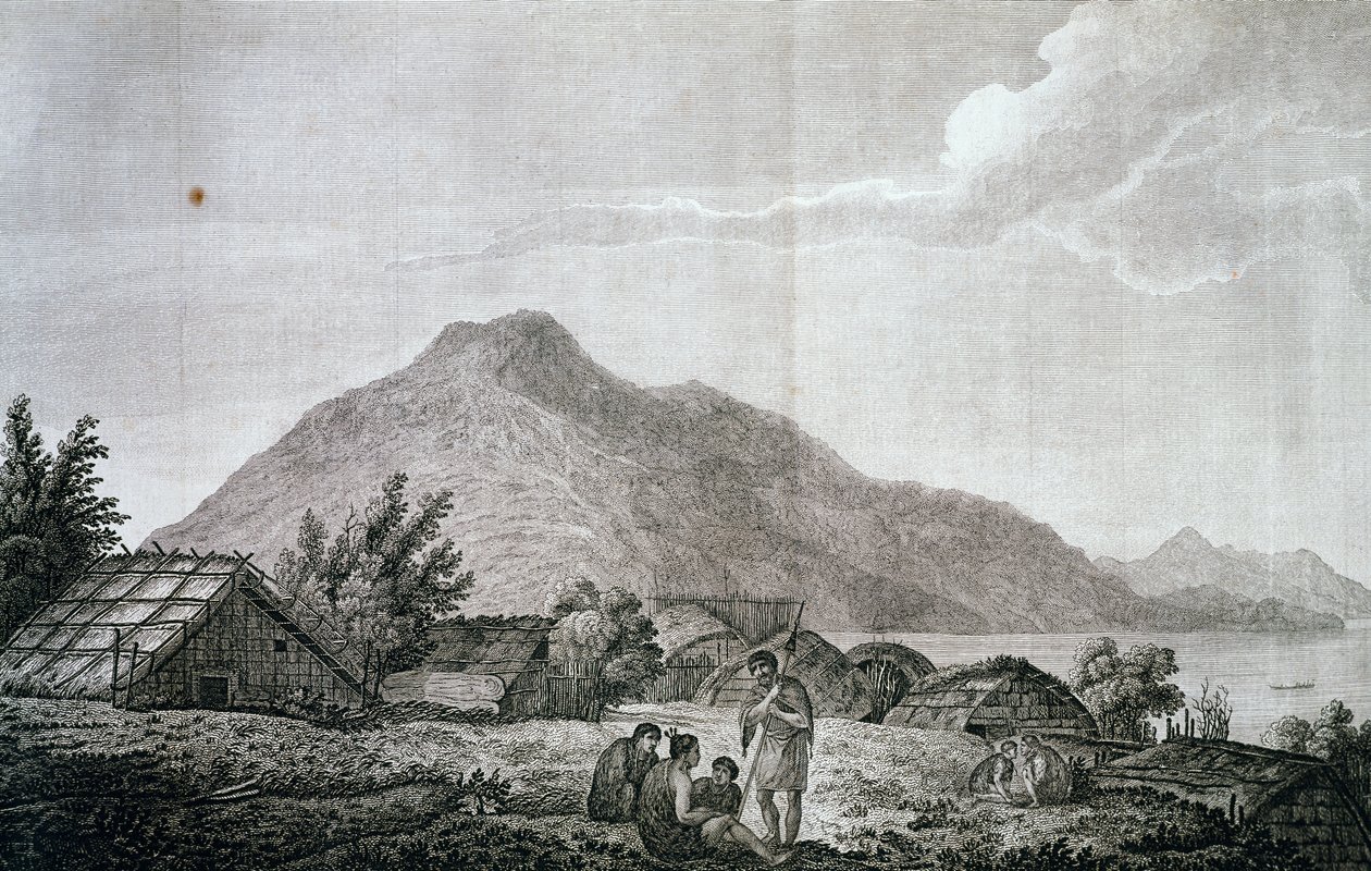 ジェームス・クック(1776-1779)の最後の航海の記録にあるジョン・ウェバー(1750-1793)の絵を元にしたモツアラ島のヒップパの中。 作： ジョン・ウェバー