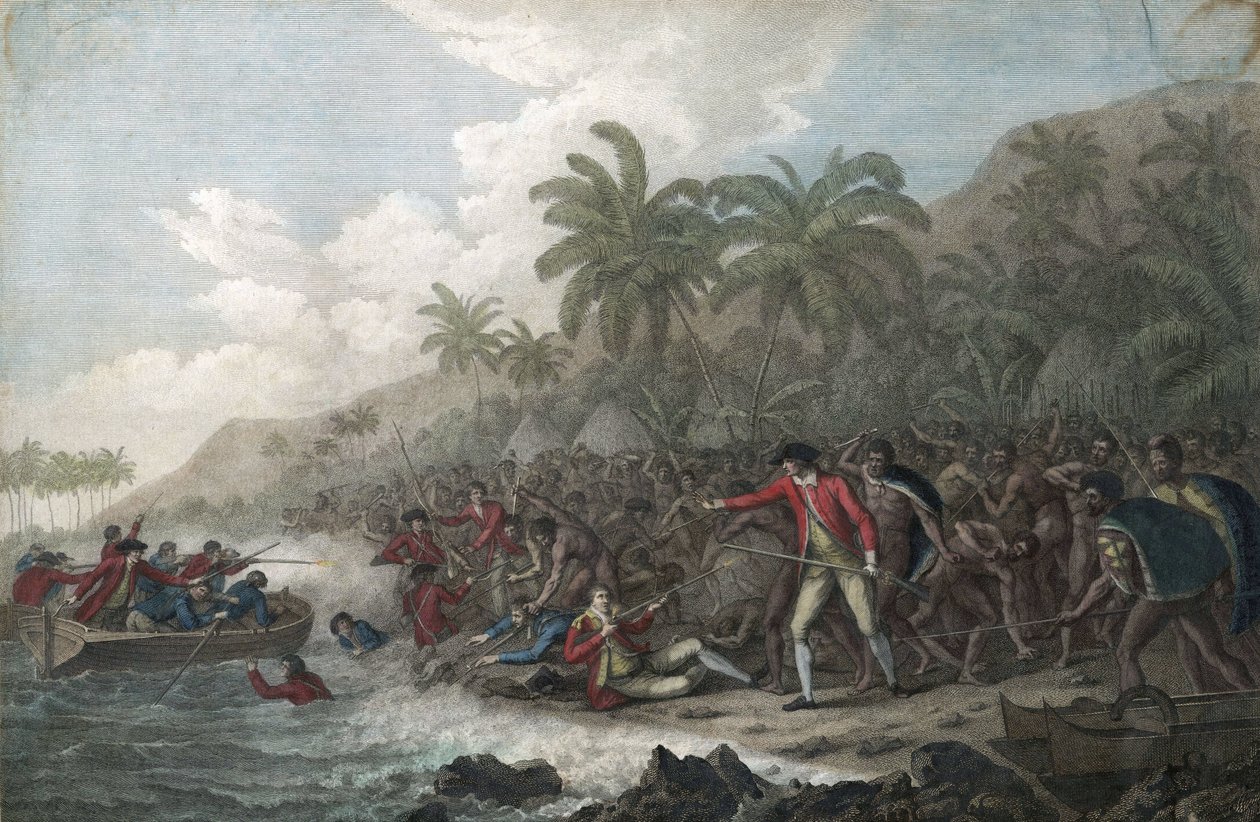 キャプテン・ジェームズ・クック（1728～1779年、イギリスの探検家）が1779年にサンドイッチ諸島（ポリネシア）のケアラケクア湾でハワイ先住民に殺害される-2月14日のキャプテン・ジェームズ・クックの死 作： ジョン・ウェバー