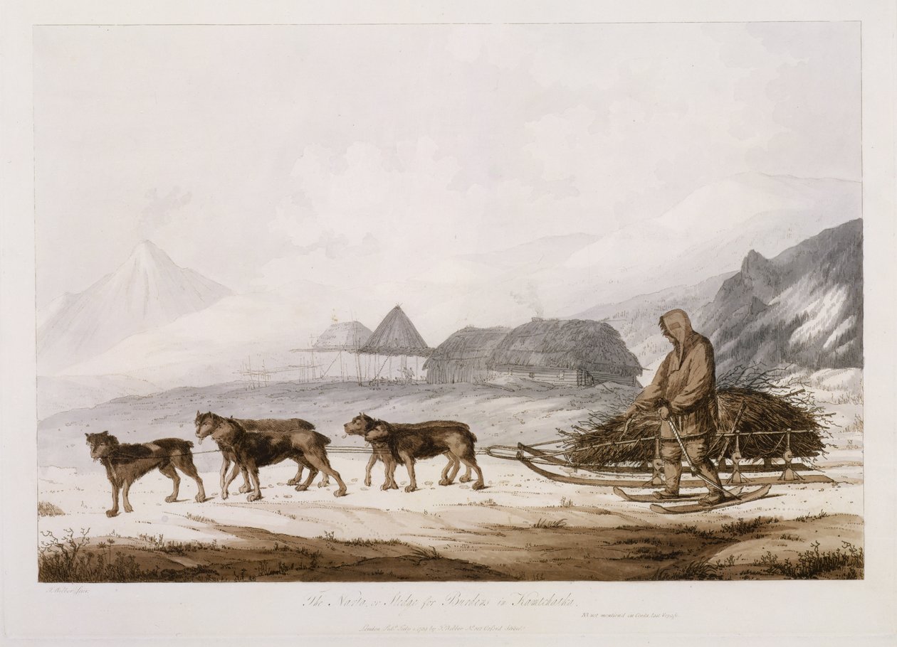 ナルタ、またはカムツチャッカの負担のそり、「南の海の景色」、パブ。 1789 作： ジョン・ウェバー