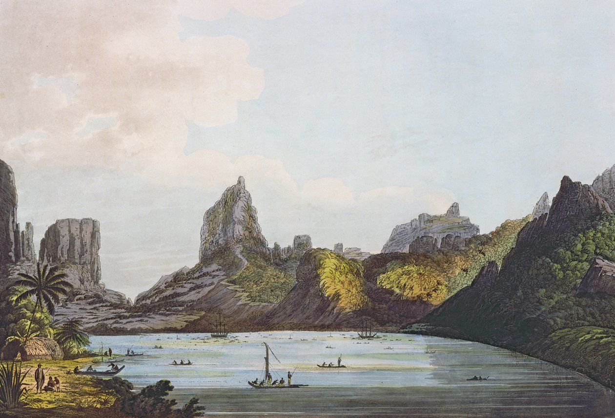 「南の海の景色」からのエイメオ島のタルー港の眺め、パブ。 1789（エッチング） 作： ジョン・ウェバー