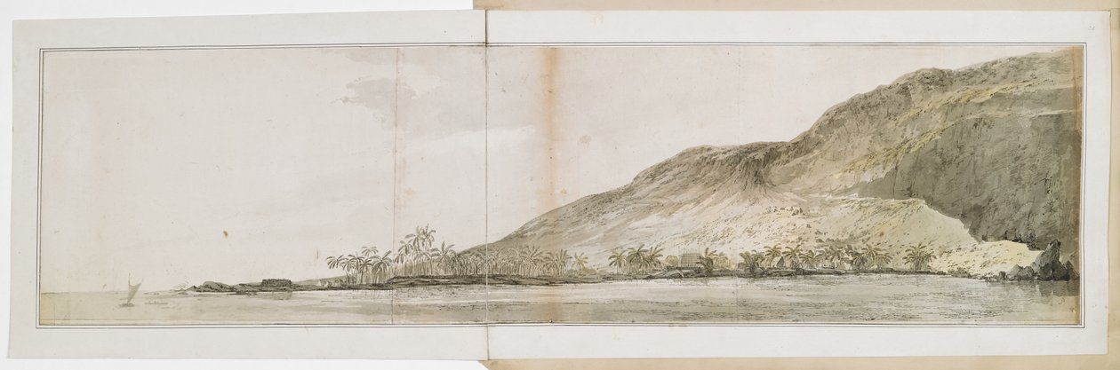 レゾリューション号から撮影したハワイ島ケアラケクア湾北端の眺め。1779年1月17日から2月23日までハワイ諸島を訪れた際に撮影されたもので、キャプテン・クックは第3回航海の途中、2月14日に死亡した。 作： ジョン・ウェバー