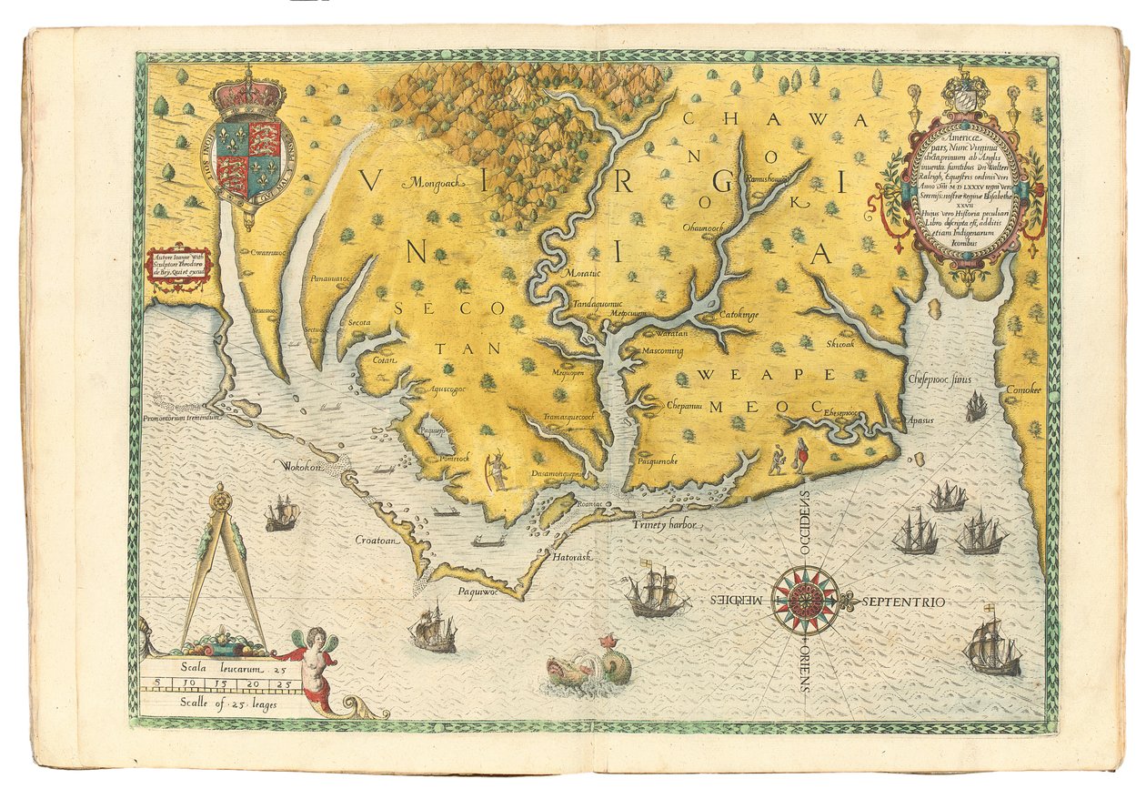 1585年、1590年にウォルターローリー卿の遠征隊が到着したことを示すバージニア州の地図 作： ジョンホワイト