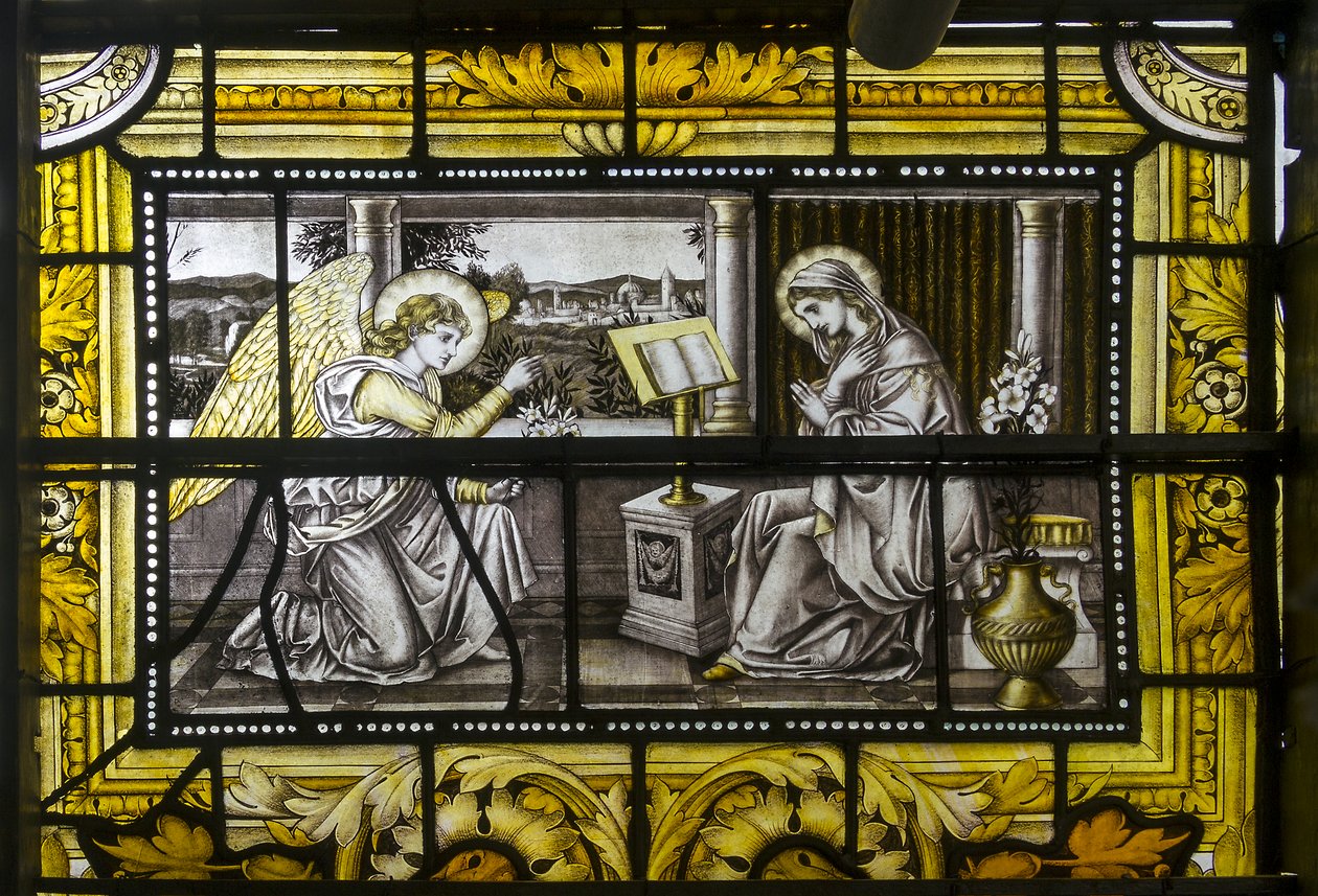 オックスフォード、トリニティカレッジ、ジェームズパウエル＆サンズ、ジョンウィリアムブラウン（1842-1928）、受胎告知、1885年 作： ジョン・ウィリアム・ブラウン