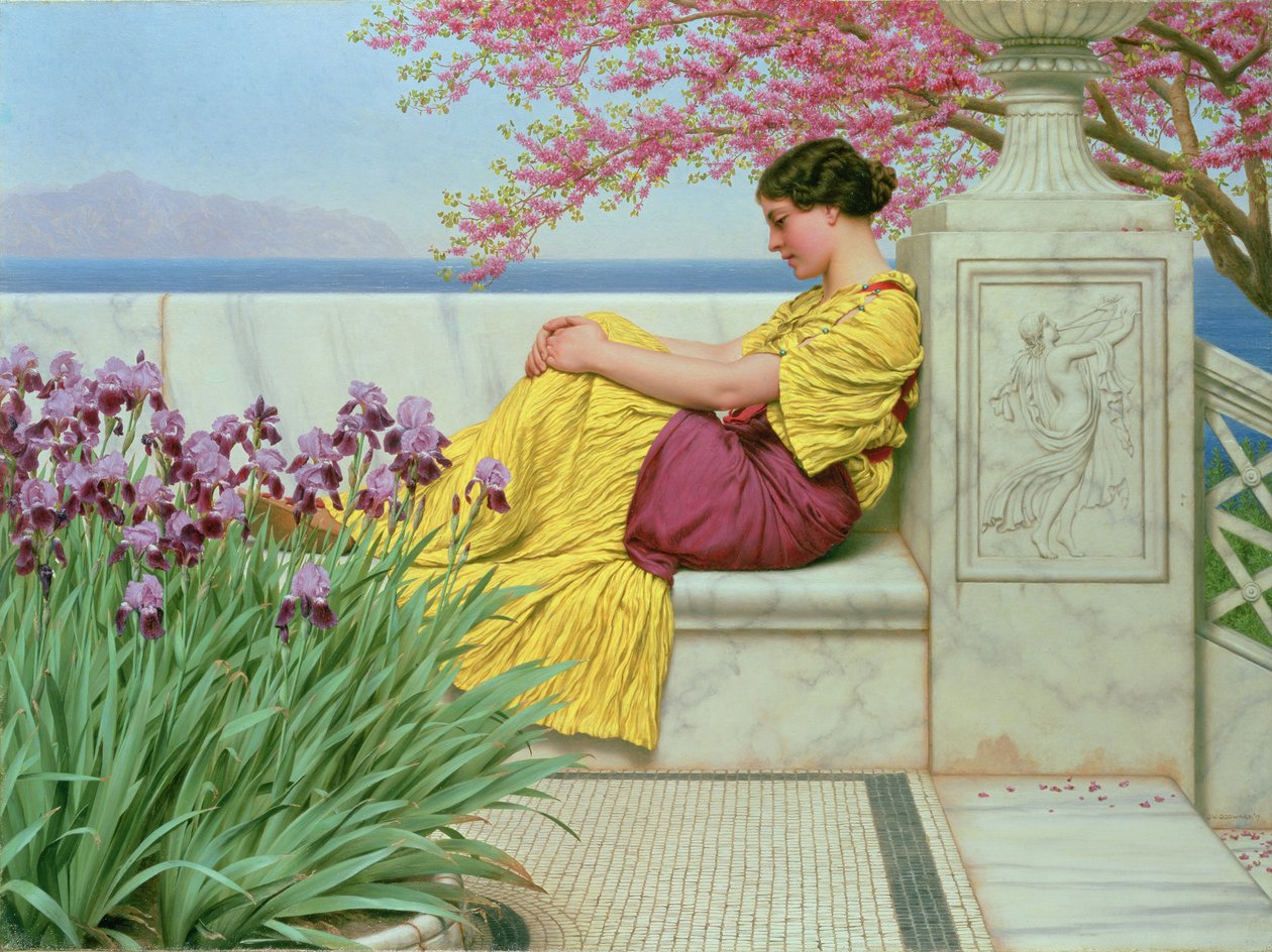絵画 。壁掛け絵【夜光の蛍の火とピンクの花の海、緑のドレスを着た神秘的な少女】 1917年、枝に垂れ下がる花の下で