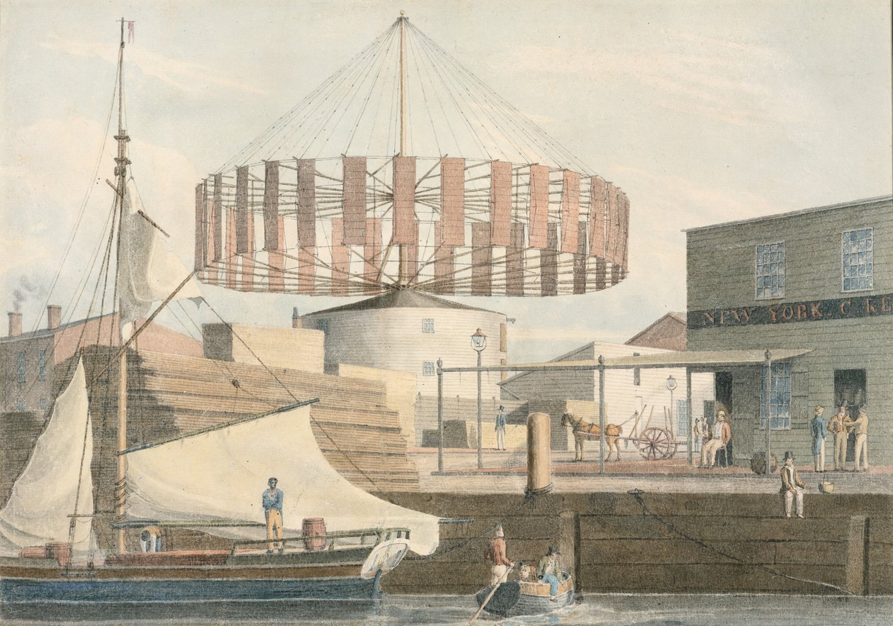 1830年、ニューヨークのキングストリートにある円形工場。 作： ジョン・ウィリアム・ヒル