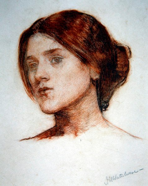 The Rose Bower」のための少女の頭部の習作 1910年頃（紙に赤クレヨンと鉛筆） 作： ジョン・ウィリアム・ウォーターハウス