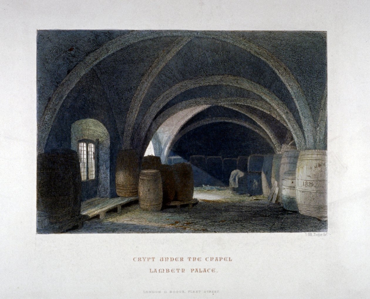 1851 年、ロンドン、ランベス パレスのチャペルの下にある樽で満たされた地下室。 作： ジョン・ウィケハム・アーチャー