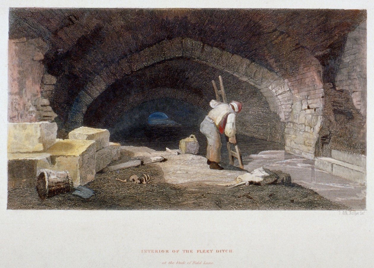 1851 年、シティ オブ ロンドン、フィールド レーンの裏にあるフリート ディッチの内部。 作： ジョン・ウィケハム・アーチャー