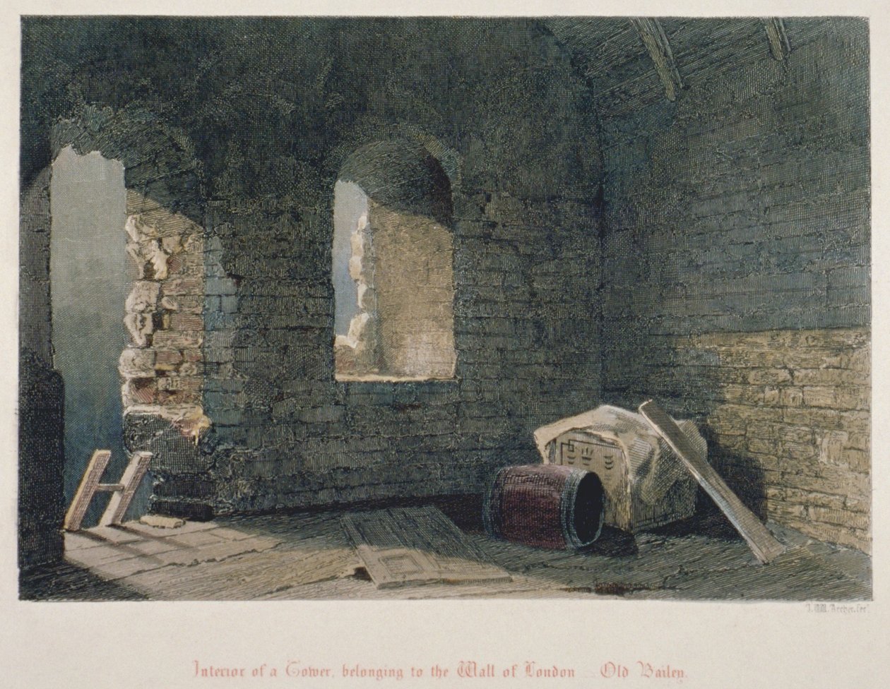 1851年、ロンドン・シティのオールド・ベイリーにあるロンドン・ウォールの塔の内観 作： ジョン・ウィケハム・アーチャー