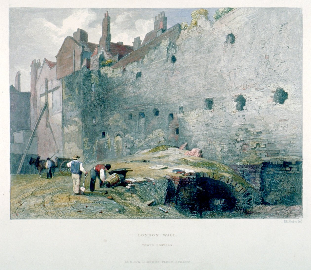 1851年、ロンドン市、男性が掘っているTower PosternとLondon Wallの眺め 作： ジョン・ウィケハム・アーチャー