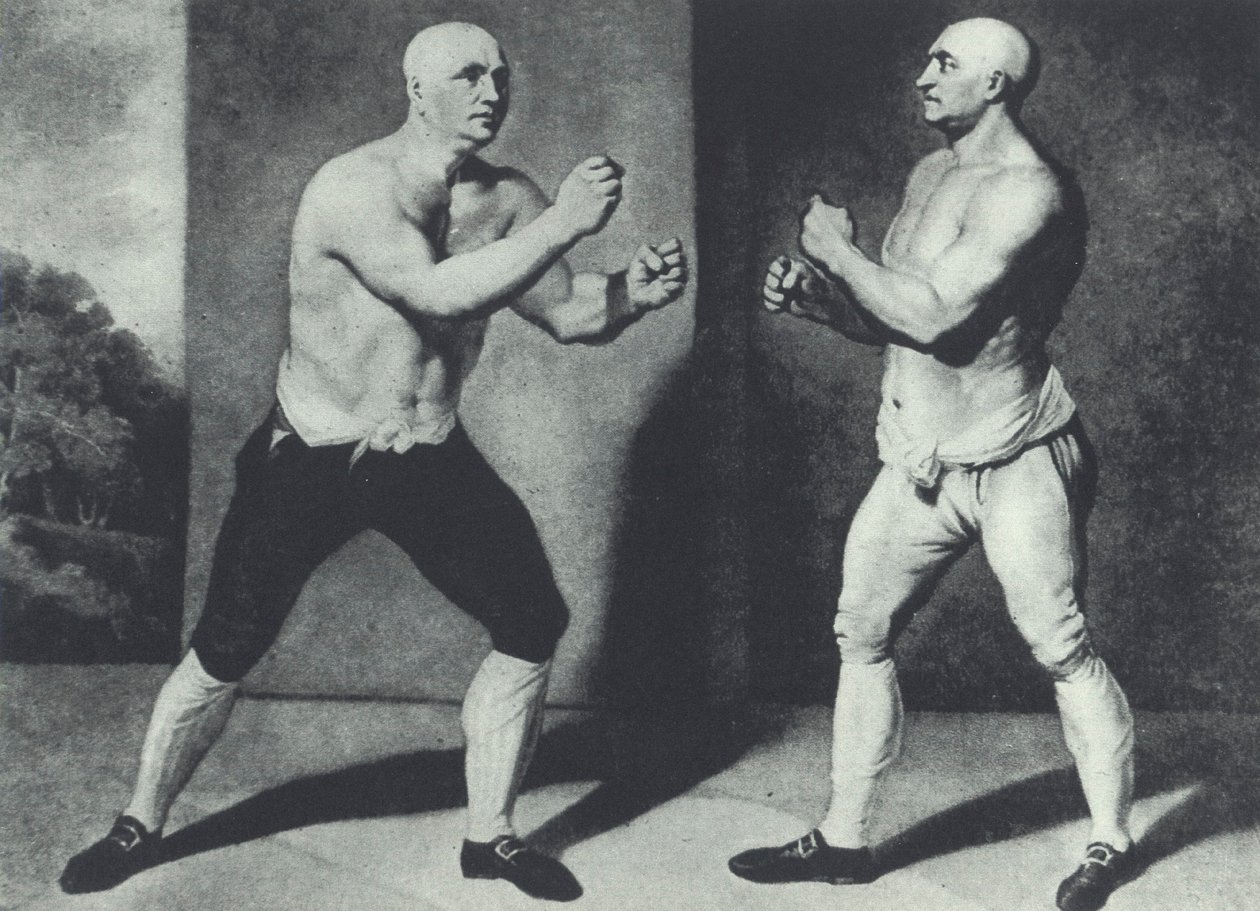 1741年、イギリスの初期の素手のボクサー、John Broughton（左）とGeorge Stevensonの戦い：Broughtonはボクシンググローブを発明した（メゾチント 作： ジョン・ヤング