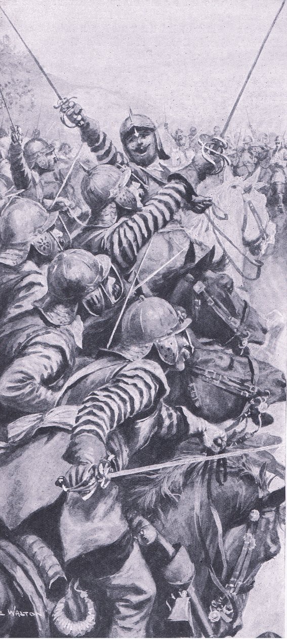 エッジヒルの戦いでの騎兵隊の関与、1642年10月23日、イギリスと陸海の戦い1915年のイラスト 作： ジョン・デ・ウォルトン