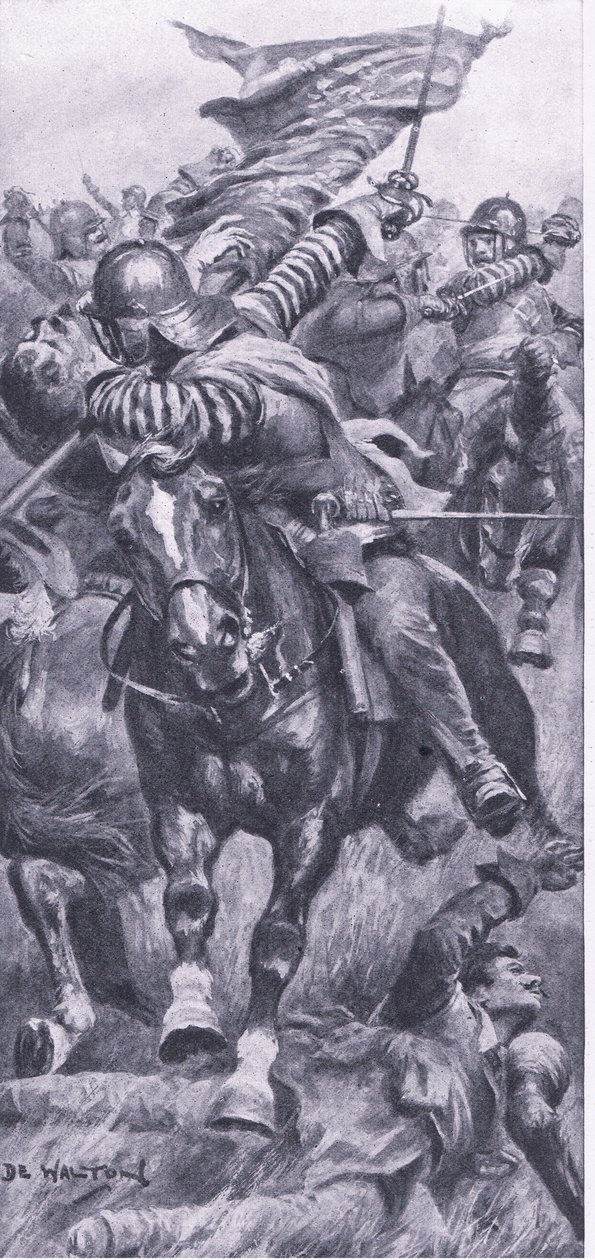 1642年10月23日、エッジヒルで王の標準を取り戻すLieutenat John Smith、1915年の陸と海での英国の戦いのイラスト 作： ジョン・デ・ウォルトン