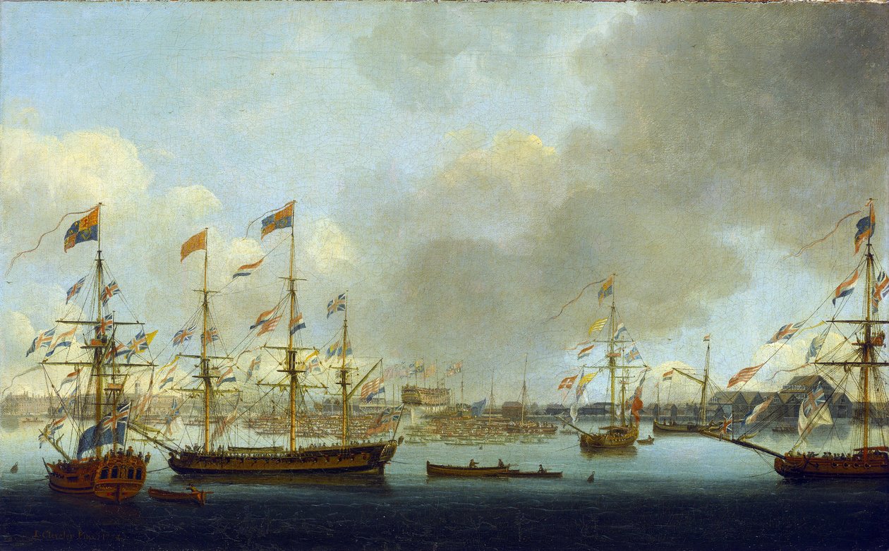 1778年、イギリスのデプトフォードで進水したHMS「アレキサンダー」。ナイル海戦（または1798年のアブー・キールの戦い）で活躍した74門の軍艦である。 作： ジョン・ザ・エルダー・クリーヴリー