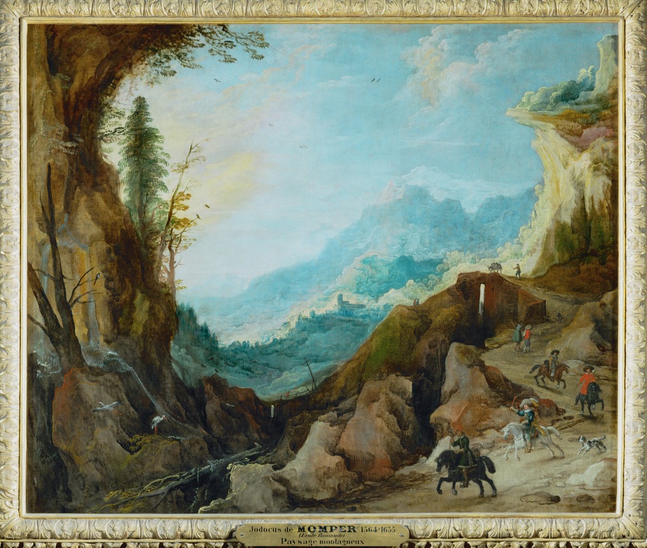 橋と4人の騎手がいる山の風景... 作： Joos de（のフォロワー）Momper