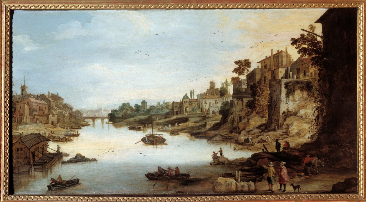 ローマのテベレ川（Tevere）の眺め 左側には高床式の家がある。ジョゼ・モンペール2世（1564-1635）の絵 作： JoosまたはJossede The Younger Momper