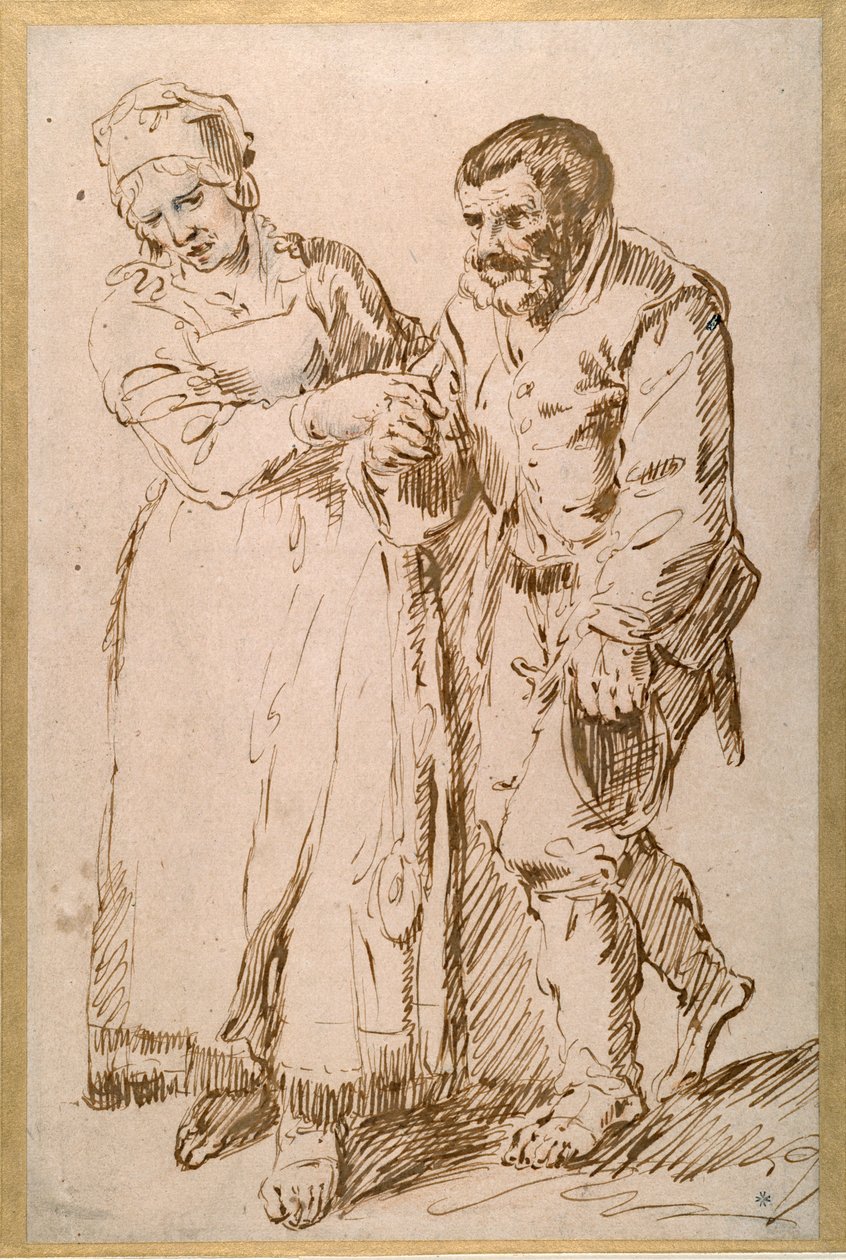 妻に案内された年老いた農民の足取り（紙にチョークを使ったペン＆インク 作： Joos van（attr。To）Craesbeeck
