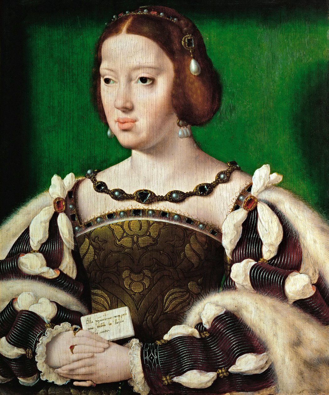 初期ネーデルランド美術：オーストリア女王エレアノール（1498-1558）の肖像 パー・クレーヴ、ヨース・ファン（約1485-1540）、1530年以降。木に油彩、35,5x29,5。美術史博物館、ヴィエンヌ 作： ヨース・ファン・クレーベ