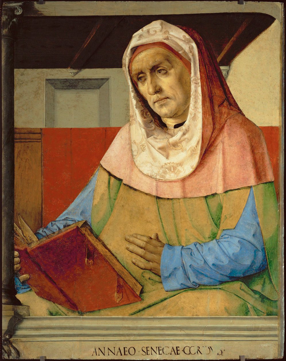 セネカ、ローマの哲学者 1475年頃、フェデリーゴ・ダ・モンテフェルトレの工房のために描かれた28枚の肖像画シリーズ。 作： ヨース・ファン・ゲント (fl.1460-75)