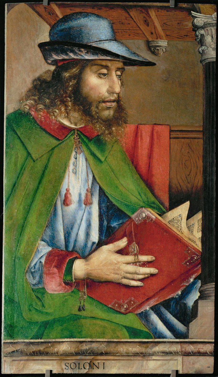 アテネの法律家ソロン 1475年頃、モンテフェルトルのフェデリーゴの工房のために描かれた28枚の肖像画シリーズ。 作： ヨース・ファン・ゲント (fl.1460-75)