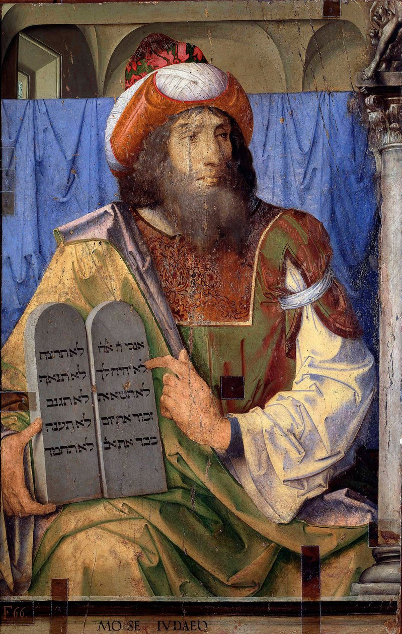 Porträts berühmter Männer: Moses und Gesetzestafeln. Gemälde von Joos van Wassenhove. Museo Nazionale von Joos van Gent (fl.1460-75)