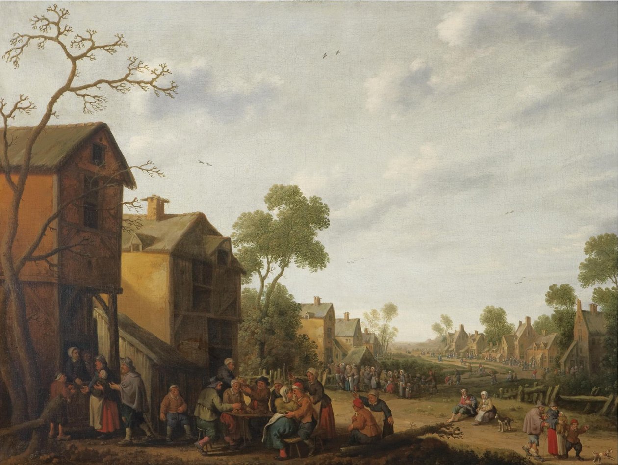 宿屋の外で飲み食いする農民と、その左にいる物乞いのいる村の風景 作： Joost Cornelisz Droochsloot