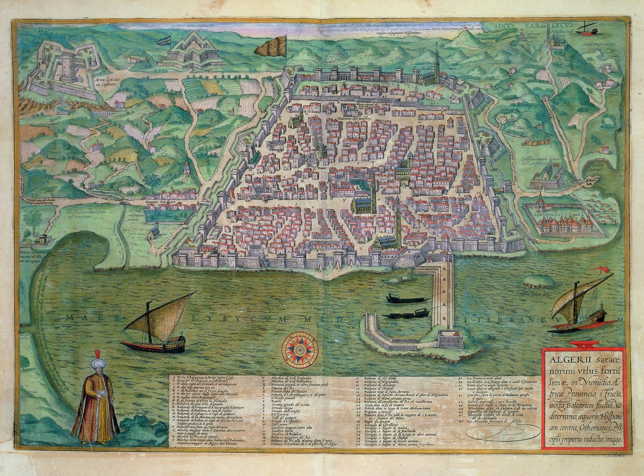 ゲオルク・ブラウン（1541-1622）とフランツ・ホーゲンベルグ（1535-90）による「Civitates Orbis Terrarum」からアルジェの地図、1572年頃（彩色済み彫刻）。 作： Joris（後）Hoefnagel
