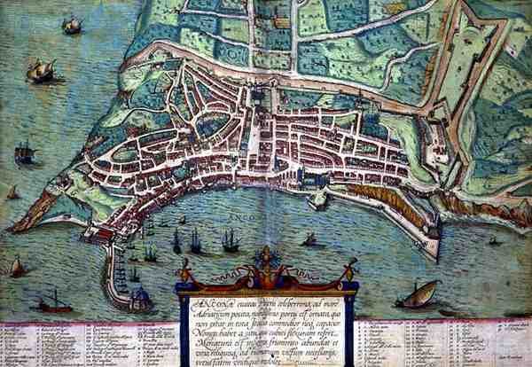 ゲオルク・ブラウン（1541-1622）とフランツ・ホーゲンブルク（1535-90）による「Civitates Orbis Terrarum」からのアンコーナの地図、1572年頃（彩色済みエングレーヴィング） 作： Joris（後）Hoefnagel
