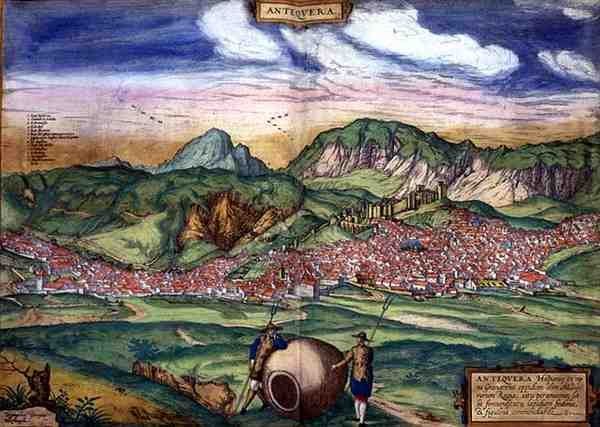 ゲオルク・ブラウン（1541-1622）とフランツ・ホーゲンベルグ（1535-90）による「Civitates Orbis Terrarum」からのアンティケラの地図、1572年頃（彩色済みエングレービング 作： Joris（後）Hoefnagel