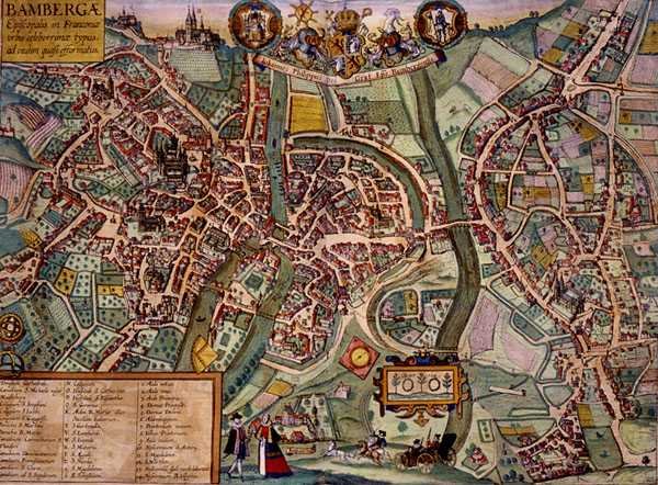 ゲオルク・ブラウン（1541-1622）とフランツ・ホーゲンベルグ（1535-90）による「Civitates Orbis Terrarum」からのバンベルクの地図（1572-1617年頃）（彩色済みエングレービング 作： Joris（後）Hoefnagel