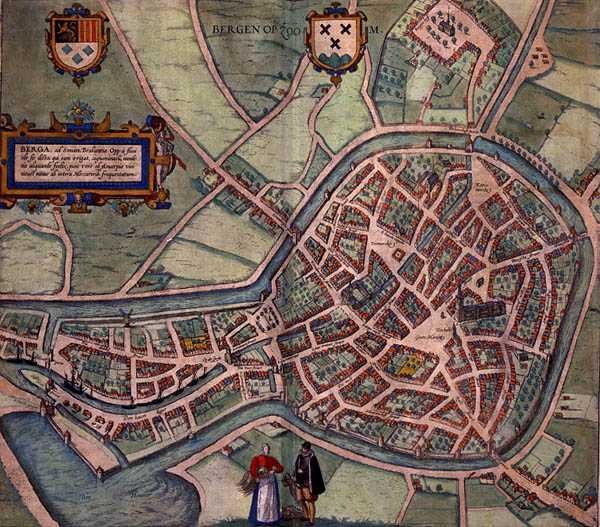 ゲオルク・ブラウン（1541-1622）とフランツ・ホーゲンベルグ（1535-90）による「Civitates Orbis Terrarum」からのベルゲン・オプ・ズームの地図（1572-1617年頃）（彩色済みエングレービング 作： Joris（後）Hoefnagel