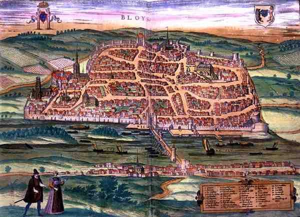 ゲオルク・ブラウン（1541-1622）とフランツ・ホーゲンベルグ（1535-90）による「Civitates Orbis Terrarum」からブロワの地図、1572年頃（カラー彫刻）。 作： Joris（後）Hoefnagel