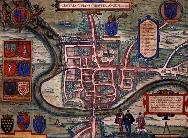 ゲオルク・ブラウン（1541-1622）とフランツ・ホーゲンベルグ（1535-90）による「Civitates Orbis Terrarum」からチェスターの地図（1572-1617年頃）（彩色済み彫刻 作： Joris（後）Hoefnagel