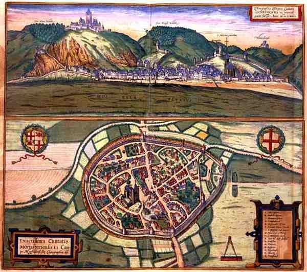 ゲオルク・ブラウン（1541-1622）とフランツ・ホーゲンベルグ（1535-90）による「Civitates Orbis Terrarum」からのコーヘンの地図。 作： Joris（後）Hoefnagel