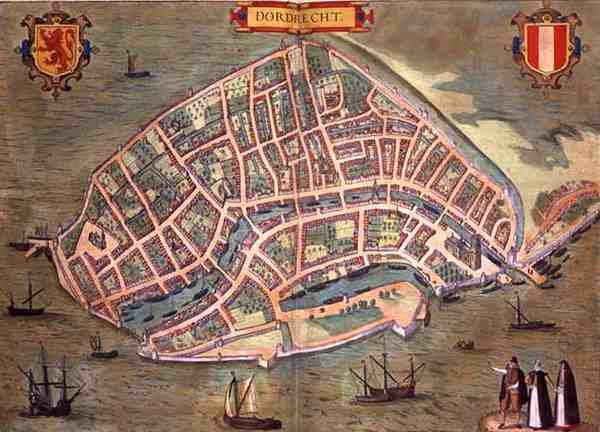 ゲオルク・ブラウン（1541-1622）とフランツ・ホーゲンブルク（1535-90）による「Civitates Orbis Terrarum」からのドルドレヒトの地図、1572年頃（彩色済みエングレービング） 作： Joris（後）Hoefnagel