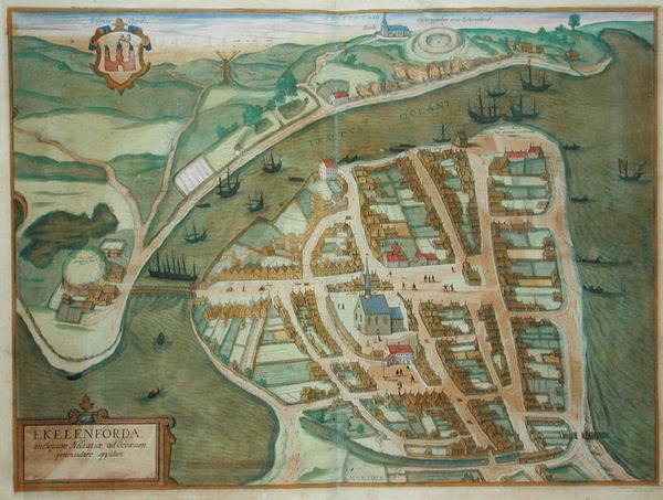 ゲオルク・ブラウン（1541-1622）とフランツ・ホーゲンブルク（1535-90）による「Civitates Orbis Terrarum」よりエーケレンフォルデの地図、1572年頃（彩色済み彫刻） 作： Joris（後）Hoefnagel