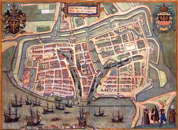ゲオルク・ブラウン（1541-1622）とフランツ・ホーゲンブルク（1535-90）による「Civitates Orbis Terrarum」からのエンブデンの地図、1572年頃（彩色済みエングレービング 作： Joris（後）Hoefnagel