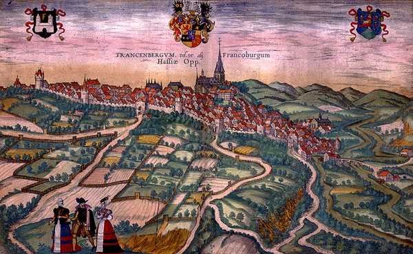 ゲオルク・ブラウン（1541-1622）とフランツ・ホーゲンベルグ（1535-90）による「Civitates Orbis Terrarum」からフランケンブルクの地図（1572-1617年頃）（彩色済みエングレービング 作： Joris（後）Hoefnagel