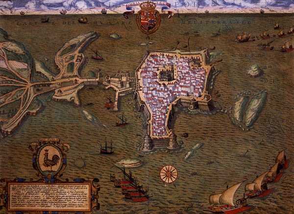 ゲオルグ・ブラウン（1541-1622）とフランツ・ホーゲンベルグ（1535-90）による「Civitates Orbis Terrarum」からのガリポリの地図（1572-1617年頃）（彩色済みエングレービング 作： Joris（後）Hoefnagel