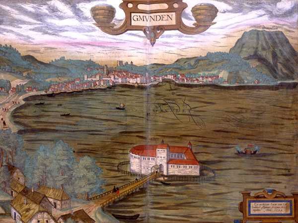 ゲオルク・ブラウン（1541-1622）とフランツ・ホーゲンベルグ（1535-90）による「Civitates Orbis Terrarum」よりグムンデンの地図 1594年（彩色済み彫刻版） 作： Joris（後）Hoefnagel