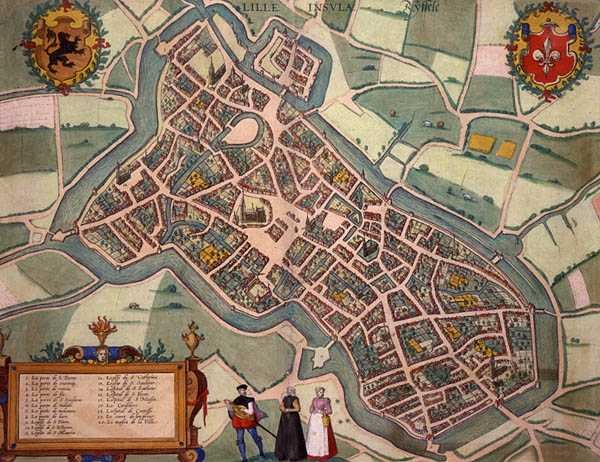 ゲオルク・ブラウン（1541-1622）とフランツ・ホーゲンベルグ（1535-90）による「Civitates Orbis Terrarum」からのリールの地図（1572-1617年頃）（彩色済みの彫刻）。 作： Joris（後）Hoefnagel