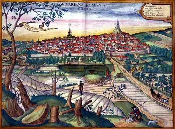 ゲオルク・ブラウン（1541-1622）とフランツ・ホーゲンベルグ（1535-90）による「Civitates Orbis Terrarum」からマリエンブルクの地図、1572年頃（カラー彫刻）。 作： Joris（後）Hoefnagel