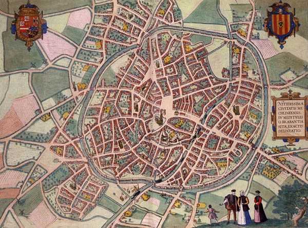 ゲオルク・ブラウン（1541-1622）とフランツ・ホーゲンベルグ（1535-90）による「Civitates Orbis Terrarum」からのメッヘレンの地図（1572-1617年頃）（彩色済みエングレービング 作： Joris（後）Hoefnagel