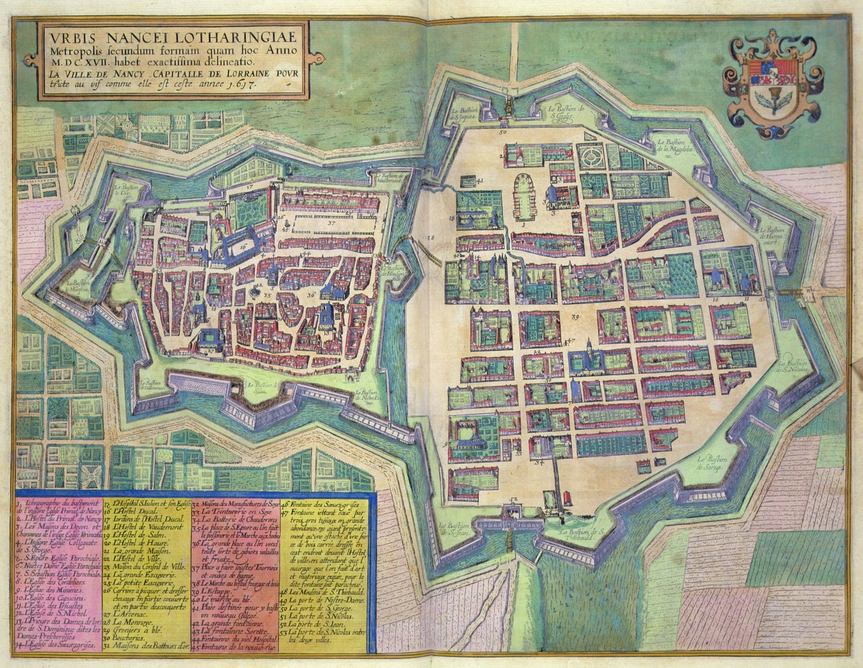 ゲオルク・ブラウン（1541-1622）とフランツ・ホーゲンベルグ（1535-90）による「Civitates Orbis Terrarum」からのナンシーの地図（1572-1617年頃）（彩色済みエングレービング 作： Joris（後）Hoefnagel