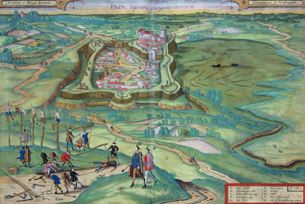 Georg Braun（1541-1622）とFrans Hogenberg（1535-90）による「Civitations Orbis Terrarum」からのパパの地図（1617年）（色付きの彫刻） 作： Joris（後）Hoefnagel