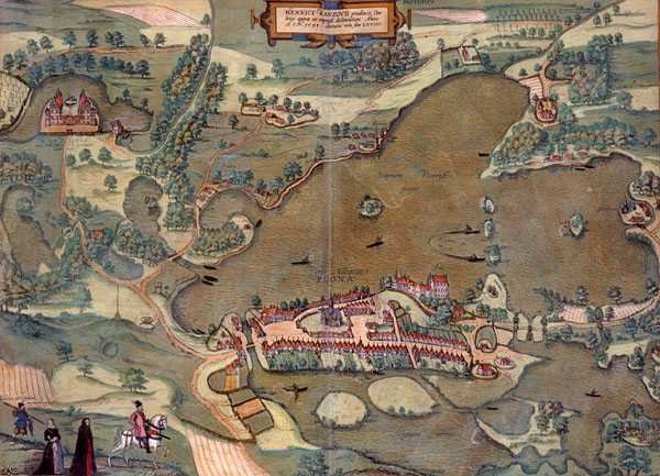 ゲオルク・ブラウン（1541-1622）とフランツ・ホーゲンベルグ（1535-90）の「Civitates Orbis Terrarum」よりプロンの地図 1593年（彩色済み彫刻 作： Joris（後）Hoefnagel